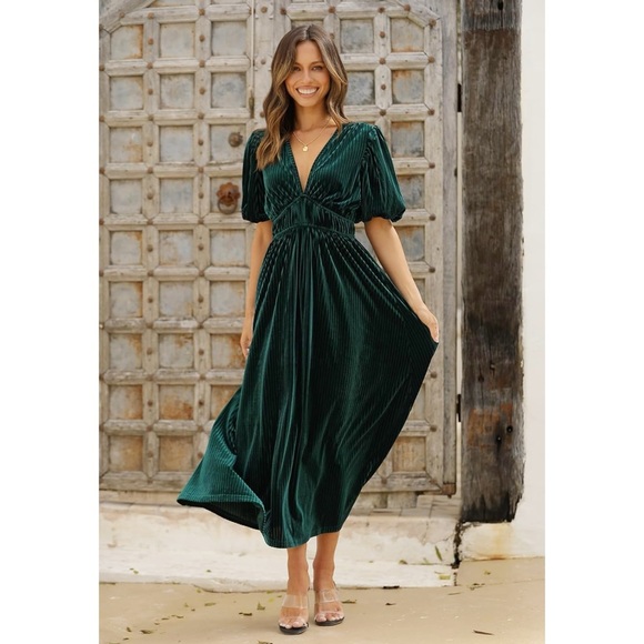SISSYAKI Emerald Green Velvet Formal Maxi Dress V Neck Short Puff Sleeve XL - Picture 3 of 9